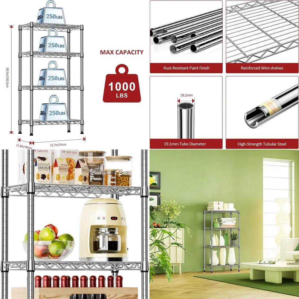 

4-Tier Heavy-Duty Steel Wire Shelving Rack for Kitchen, Pantry, Living Room, and Office, 11.8D x 21.7W x 39.5H, 1000lbs Capacity
