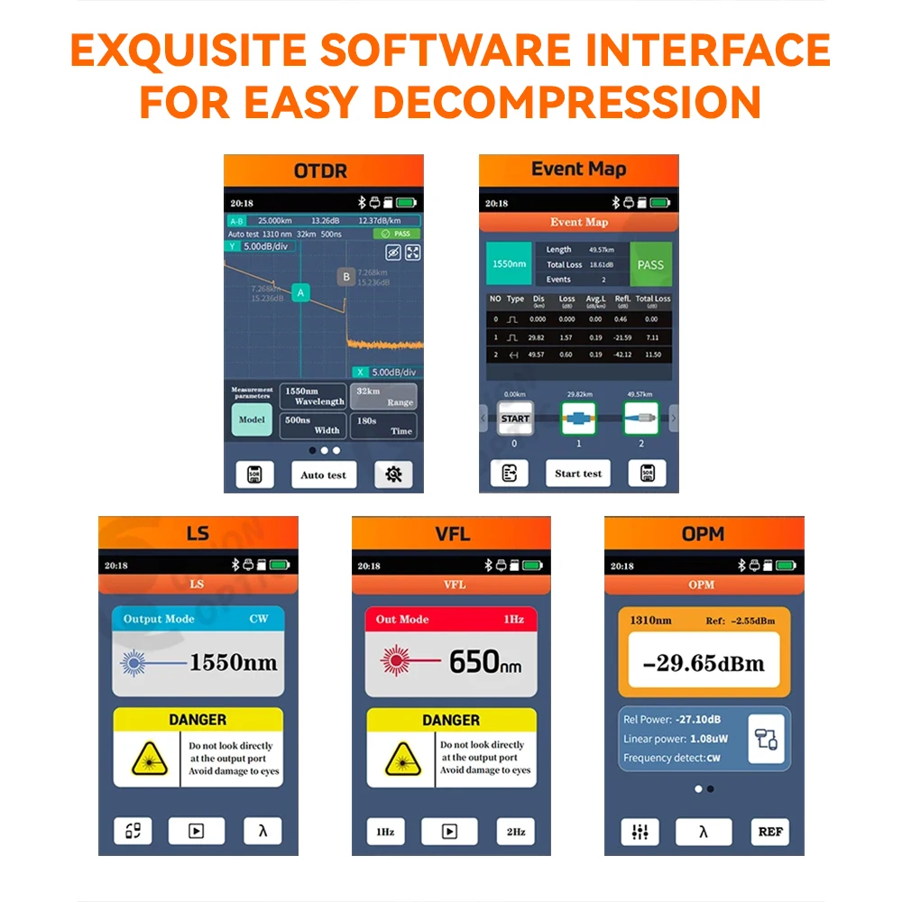 FCST080628 미니 OTDR 5-IN-1 액티브 파이버 1550nm 광섬유 반사계 및 VFL OLS OPM 이벤트맵 20/22dB 60/80Km 미니 OTDR