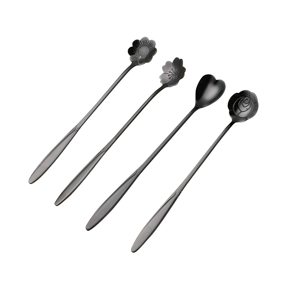

4Pcs Stainless Steel Flower Shape Spoon Set Creative Long Handle Coffee Tea Sugar Dessert Kitchen Mixing Spoon Flatware