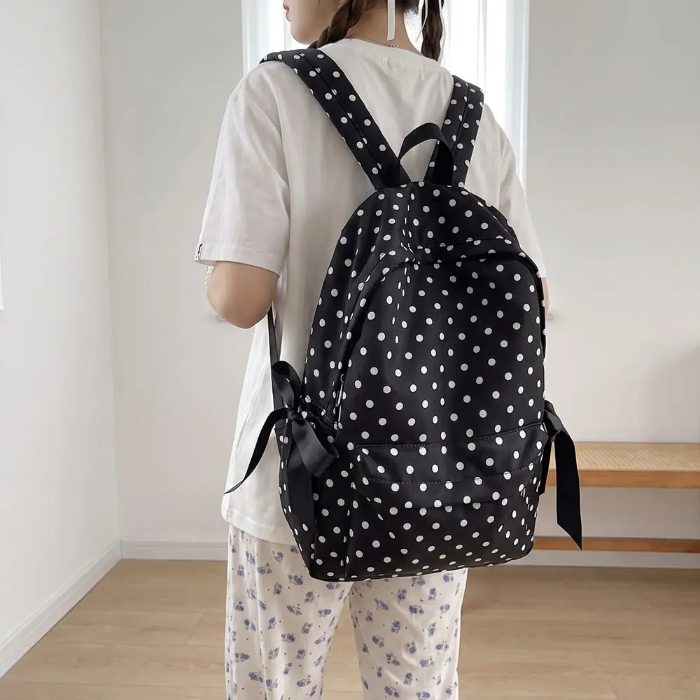 Fashion Sweet Polka Dot Backpack Bowknot Design Multiple Pockets Bow Rucksack Large Capacity Lightweight Student School Bag Gift