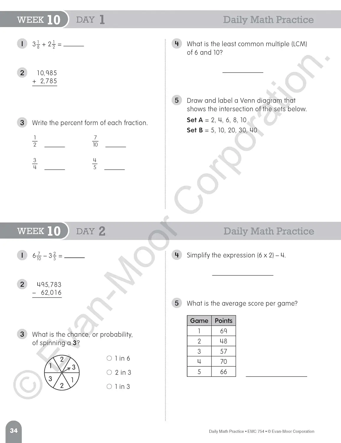 Evan-moorデイリー数学練習用フォーマット、電子書籍、5テの英語版、損傷した9、10、11、12、9781557997456