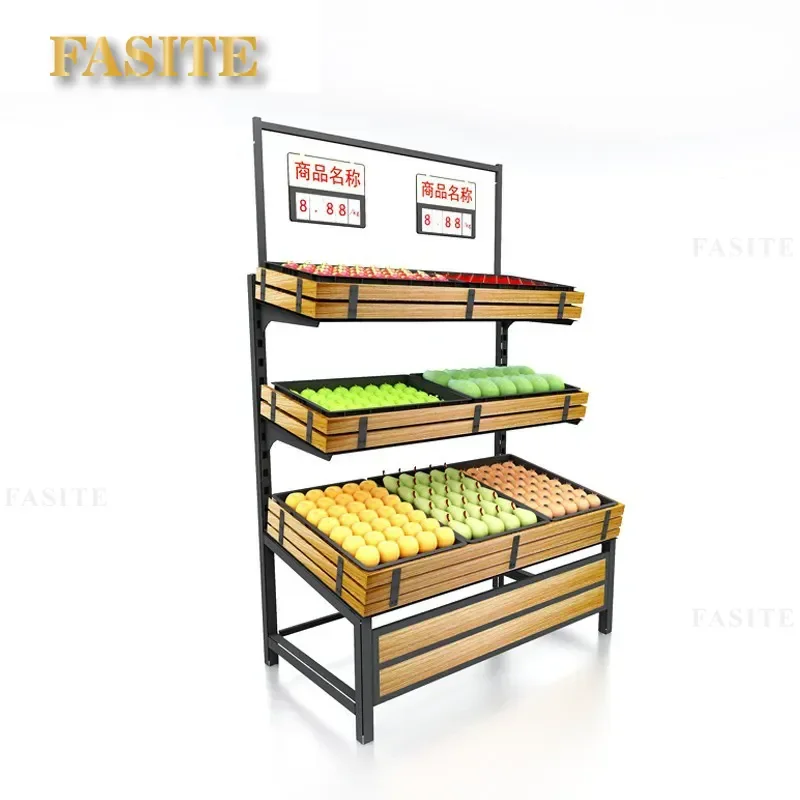 For Supermarket Steel and Wood Vegetable Fruit Rack Fresh Produce Display Stand Convenience Store Stackable Shelf Organizer