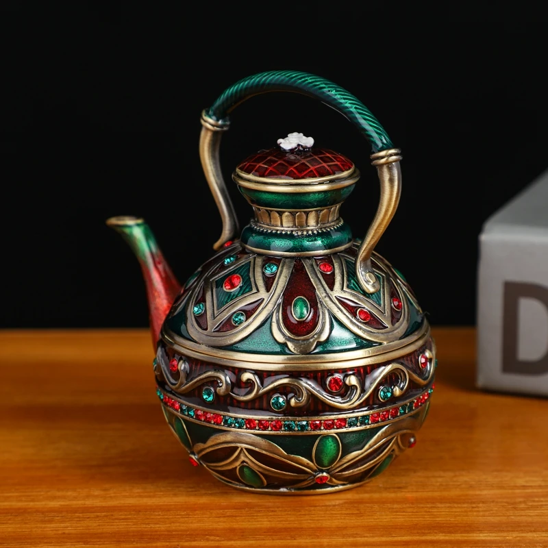 

SHINNYGIFTS Hand Painted Enamel Teapot Trinket Box Hinged with Jewelry Organizer for Mini Ring Earrings, Unique Home Decor