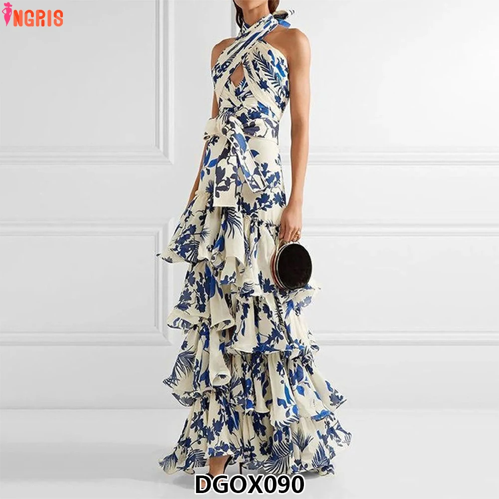 

2025 Fashion Halter Neck Sleeveless Print Elegant Long Cake Pleat Casual Ladies Dress Elegant Women's Dresses-DGOX090