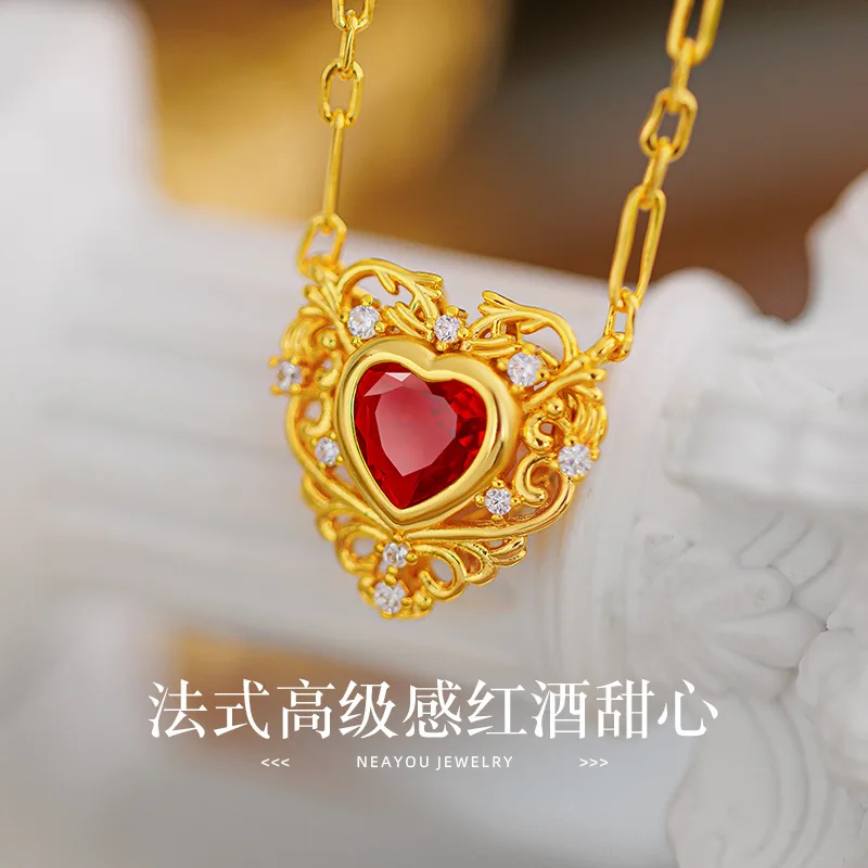 

9999 24K real gold French ruby heart-shaped collarbone necklace, light high-end red wine sweetheart heart-shaped necklace