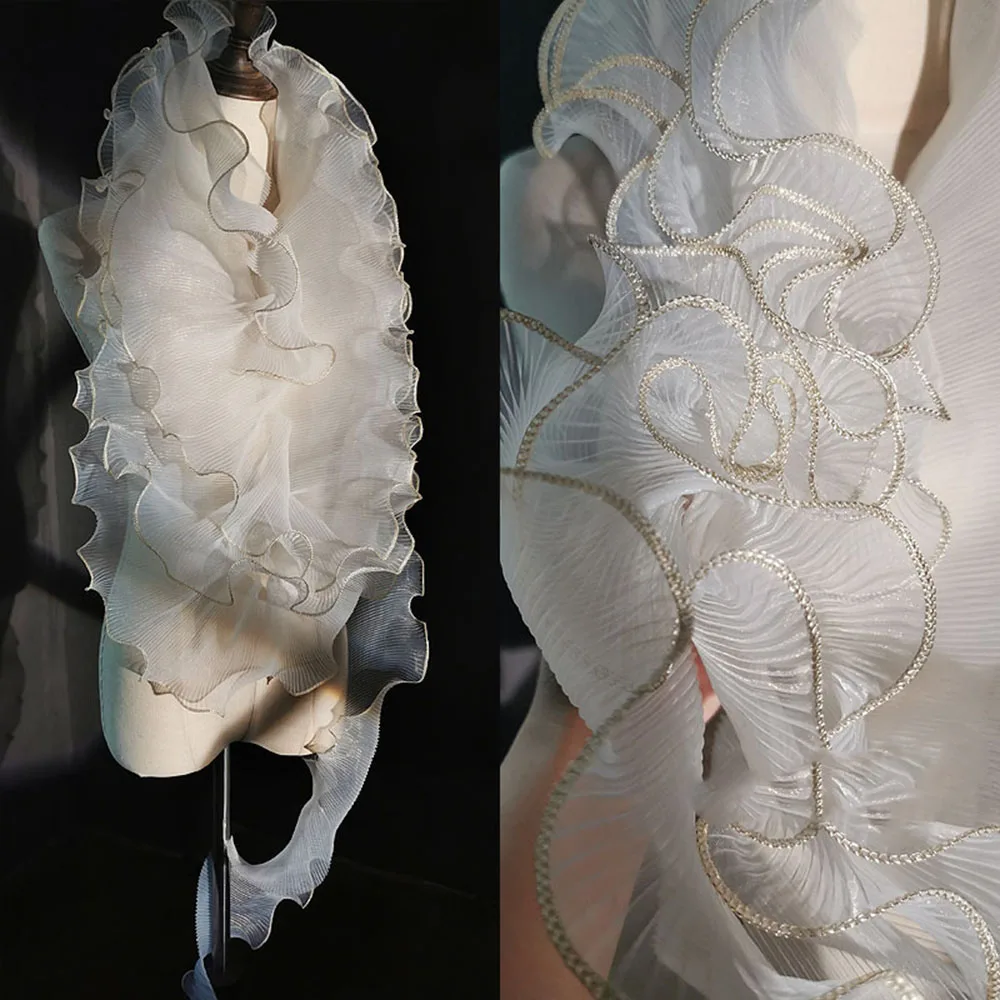 

13CM Wide Large Gold Edge White Lace Trim Organza 3D Fold Designer DIY Patchwork Decor Cuffs Neckline Gown Wedding Dress Tulle