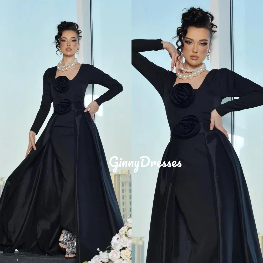 

Customized Evening Dress A-Line Square Neckline Prom Dresses Floor-Length Zipper Up Flowers Long Sleeves Lining Party Dresses Ve