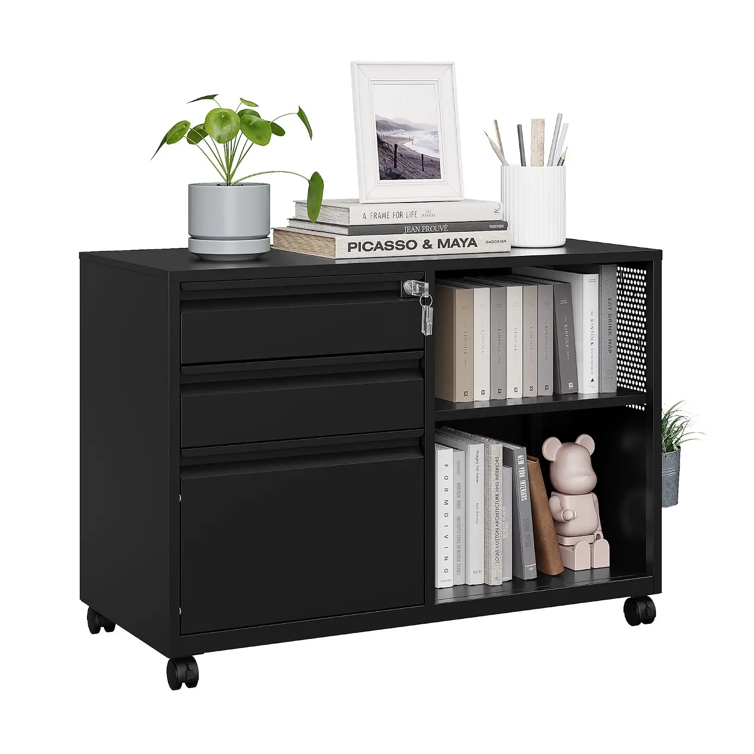 3 Drawer Metal Lateral File Cabinet with Lock, Rolling Printer Stand Office Storage for A4 & Letter Folders, Customized
