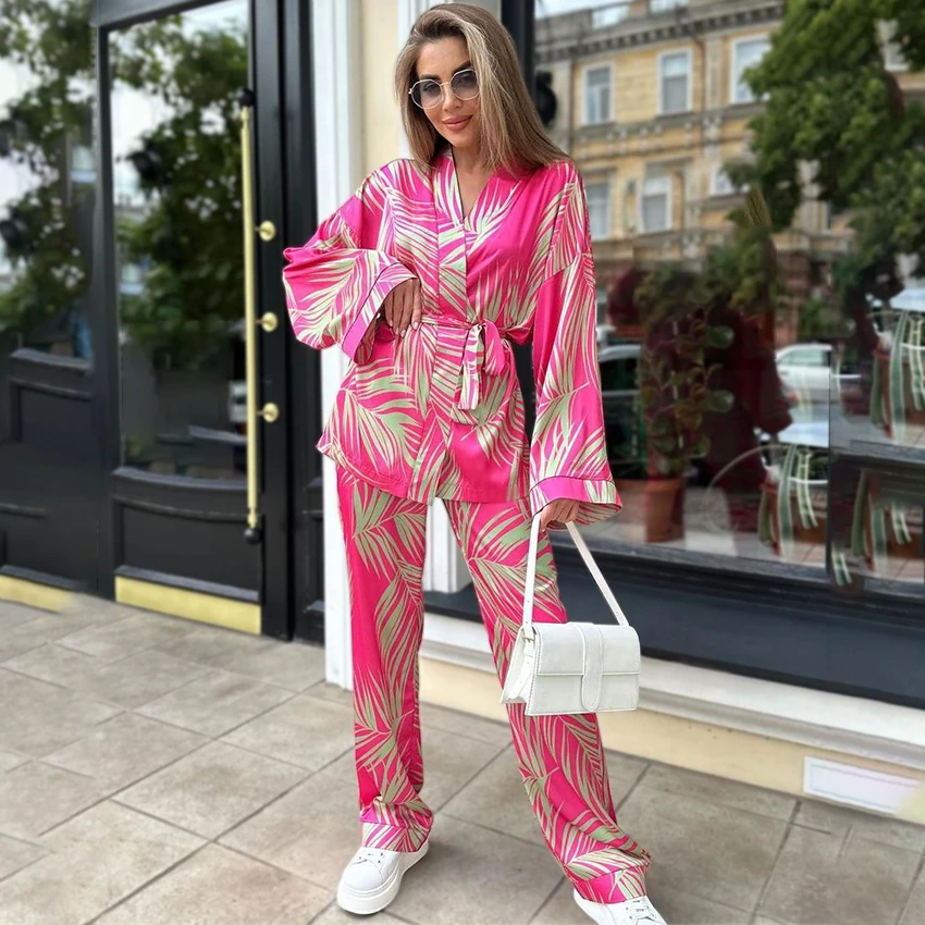 HiLoc Elegant Print Long Pants Sets Casual Lace-Up Tops With Elastic Waist Trousers Pajamas V Neck Sleepwear 2025 Home Outfits