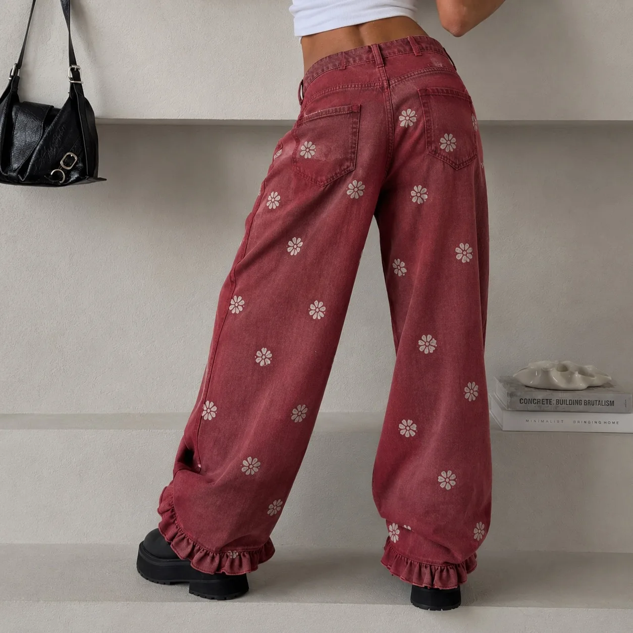 Zekye New European and American Style Retro Flower Printing Wide-leg Jeans Women's Trousers Ruffle Edge Design Ripped Low-rise