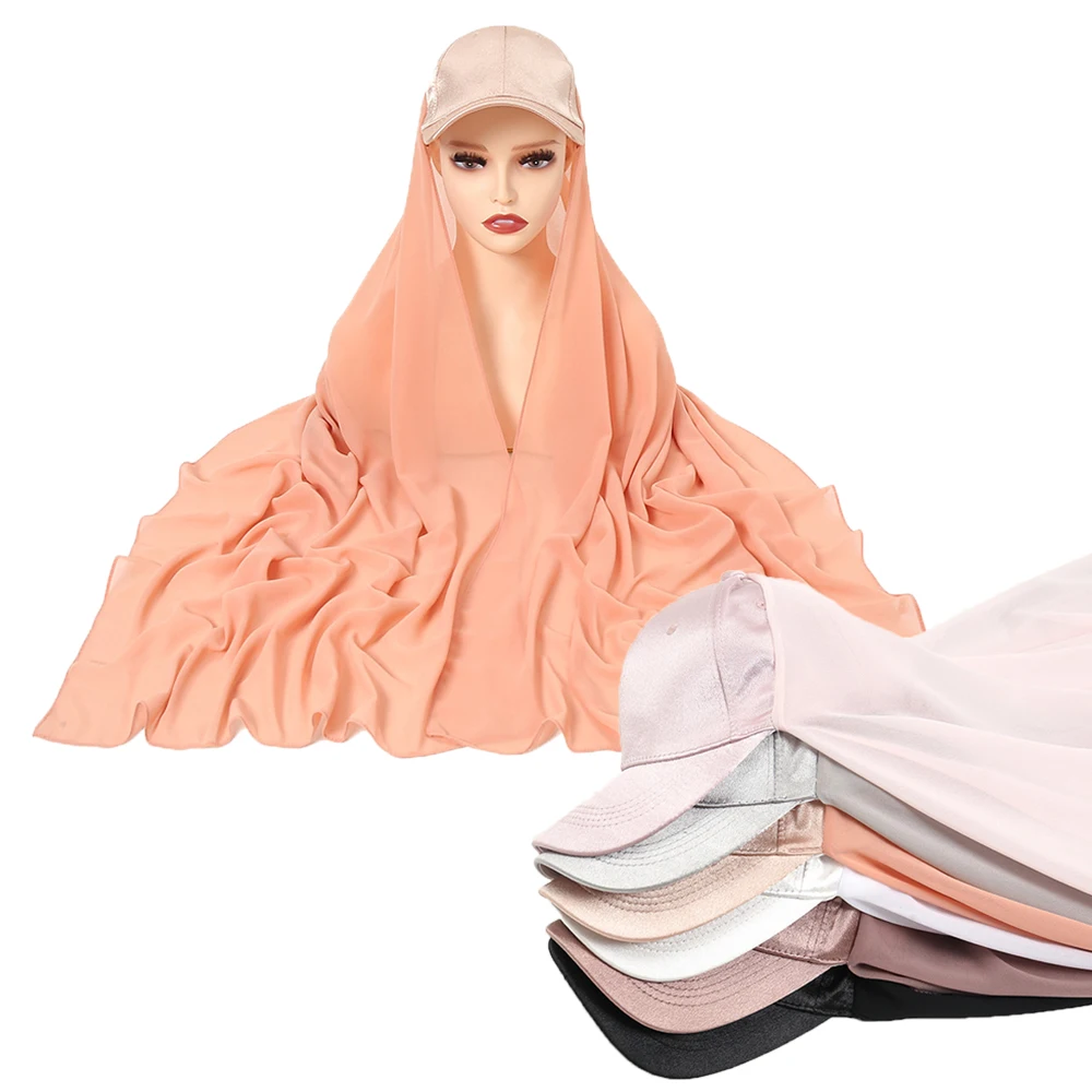 

New Chiffon Muslim Baseball Caps With Scarf Hijab Shawl Solid Color Bandana Turban Hat For Women Ready To Wear Headwrap Bonnet