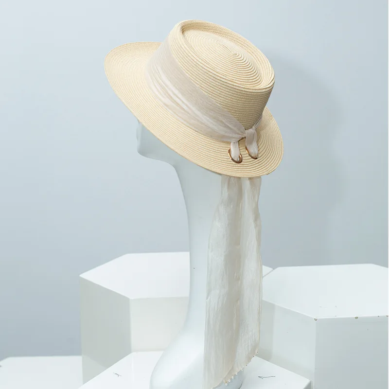 Women's Light Luxury Design Straw Sun Hat, Flat & Concave Crown Fedora， Elegant Wide Brim UV Protection, Breathable Beach Cap