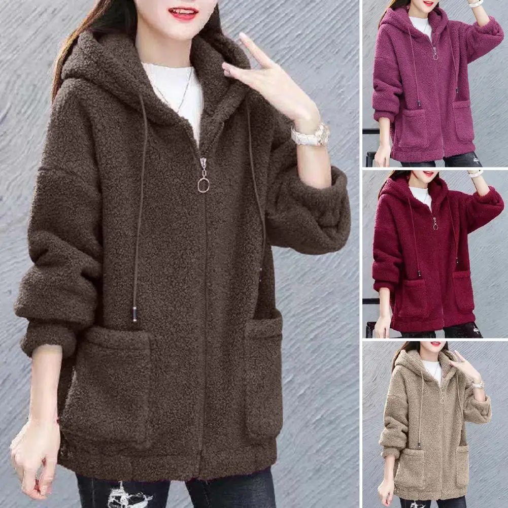 Full Sleeves Women Winter Hoodie Thick Fleece Drawstring Hooded Outerwear with Pockets Zipper Closure Windproof Cardigan Jacket