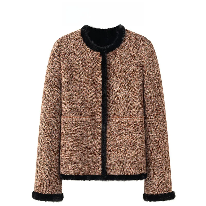 

Winter Double-Sided Wear Young Style Fashionable Sea Otter Fur Coat Women's Casual Long Sleeve round Neck Leather Coat