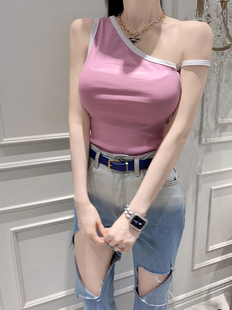

American style spicy girl casual color blocked slanted off shoulder slim knit vest Y2K retro style women's solid color tops emo