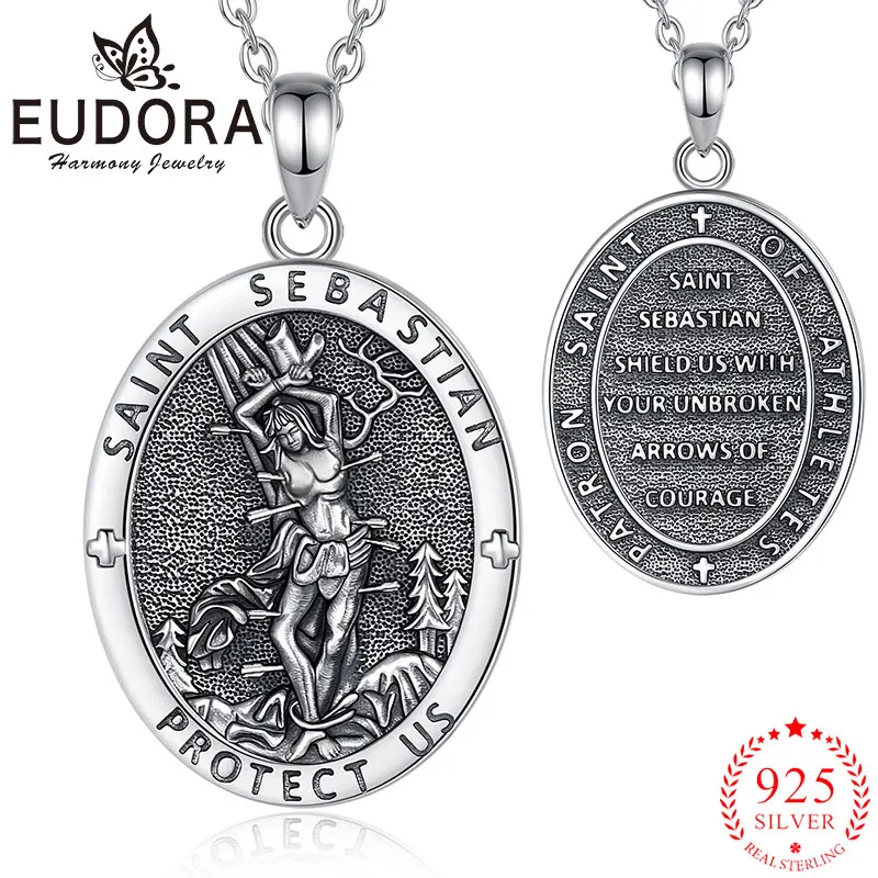 Eudora 925 Sterling Silver Saint Sebastian Necklace Protect us Medal Christian Pendant Religious Jewelry Vintage Gift for unisex