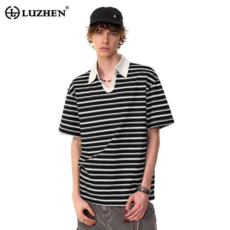 

LUZHEN Original Color Contrast Neck Splicing Design Short Sleeve T-shirts Pullover Men's 2025 Summer Stripe Printed Tops JY3340