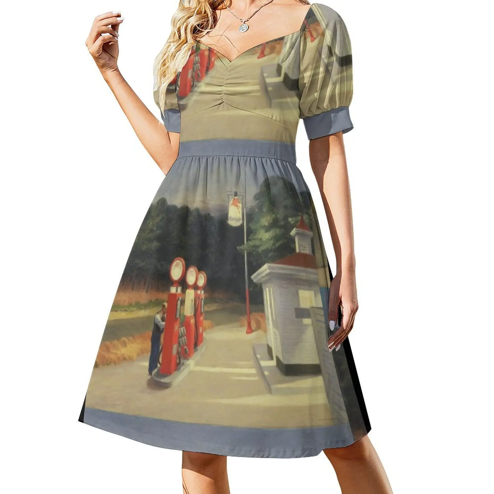 

1940s Gas Pump - Edward Hopper Short-Sleeved Dress dress Dress for pregnant women Dance dresses Summer skirt