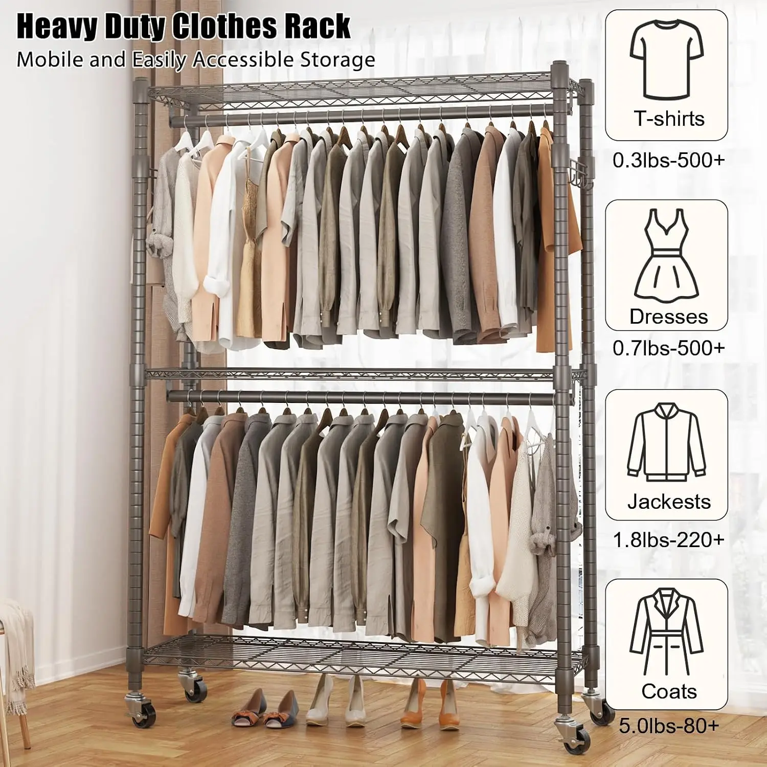 47.3"W×17.7"D×80.7"H Heavy-Duty Rolling Garment Rack with Storage Shelves, 25mm Metal Tube Freestanding Wardrobe Organizer, Mobile Hanging Clothes Rack for Bedroom Laundry Walk-in Closet view 3