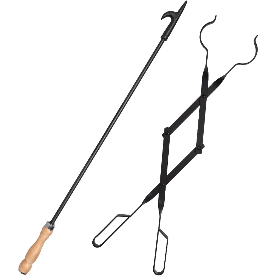 헤비 듀티 32인치 긴 벽난로 화로 캠프파이어 포커 스틱 및 26인치 벽난로 집게 도구 세트 녹 방지 블랙