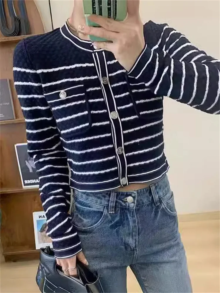 

Women's Stripes Cardigan Long Sleeve Round Neck Single Breasted Slim Spring 2024 Knitted Sweater