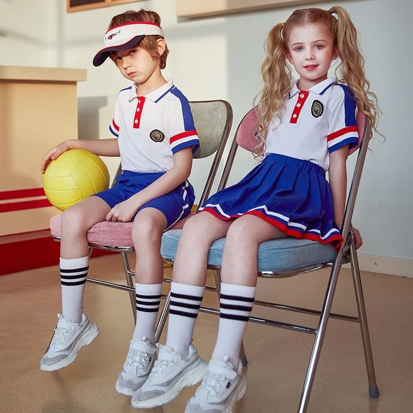 Uniformes escolares de manga corta para niños, ropa deportiva de 2 piezas, camisa con faldas plisadas, camisa con pantalones cortos