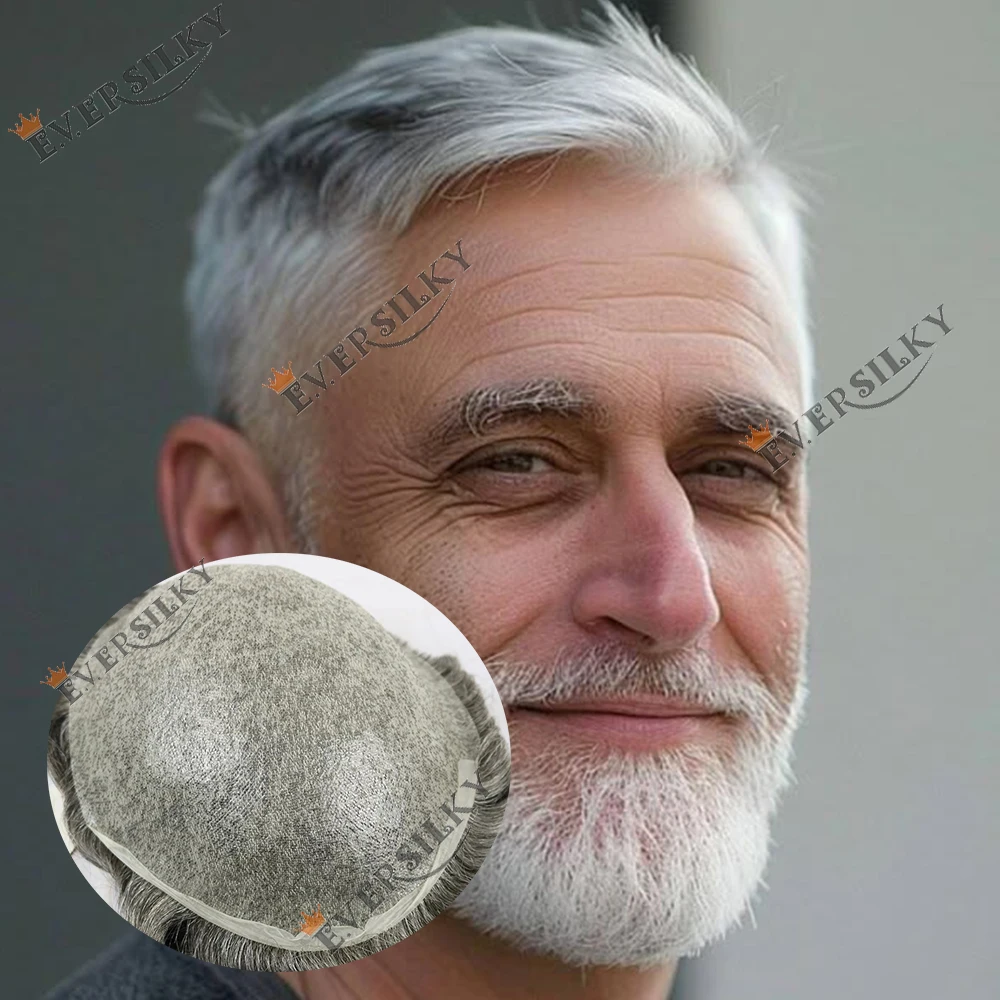 Thin 0.02mm Skin Old Men's Toupee Natural Hairline Man's Hairpiece V-loop Human Hair Replacement System 1b80 Grey Hair Capillary