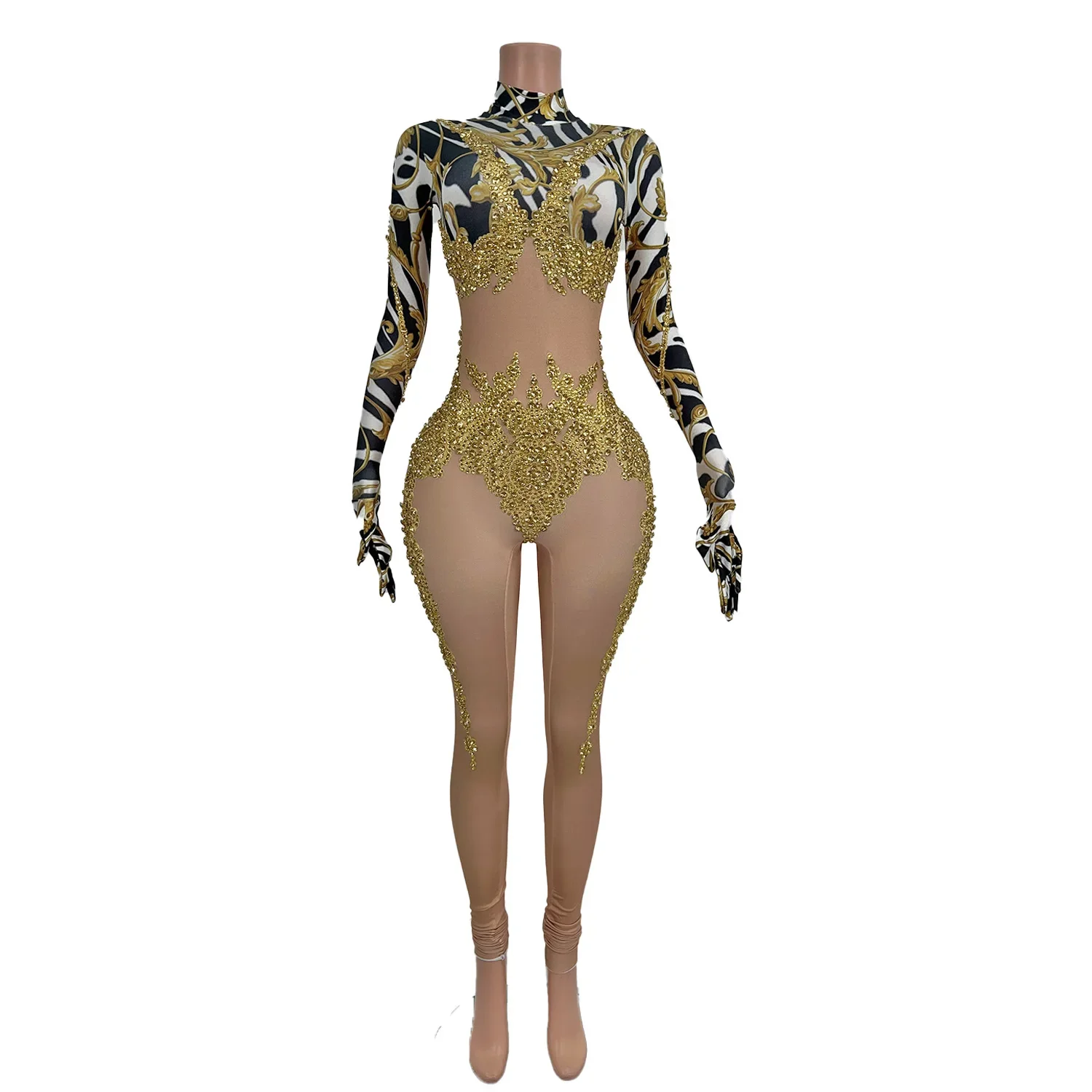 Sparkly Stretch Women Gold Zebra Striped Jumpsuits Pole Dance Bodysuits Cheerleading Drag Queen Party Outfit Photo Shoot Leotard