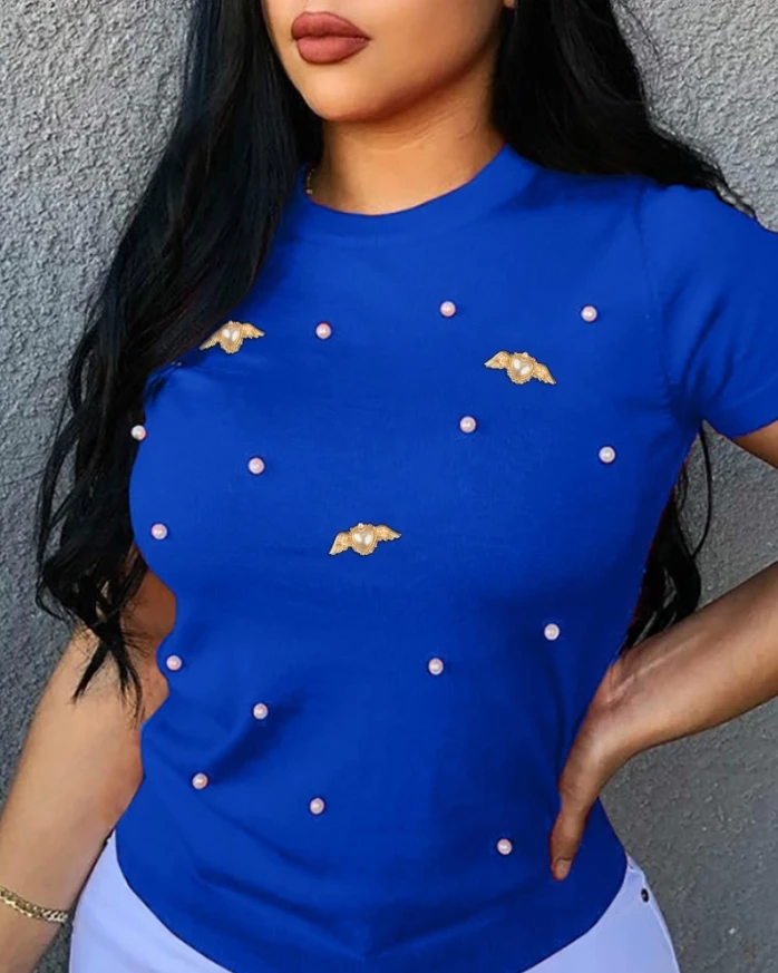 T-Shirt for Women Clothes Summer 2025 New Round Neck Fashionable and Versatile Short Sleeved Pearl Decoration Top for Female