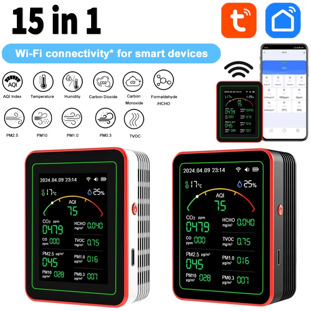 

Wi-Fi 15 в 1 детектор качества воздуха портативный тестер AQI PM0.3 PM1.0 PM2.5 PM10 управление через приложение бытовой тестер CO CO2 TVOC HCHO