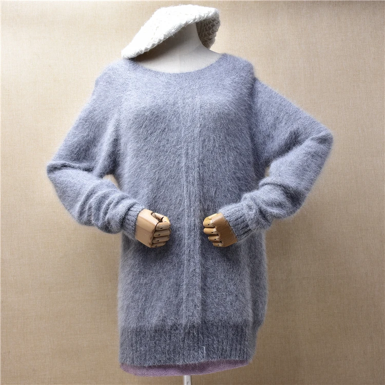 Female Women Fall Winter Clothing Grey Hairy Angora Rabbit Hair Knitted O-Neck Long Sleeves Slim Blouses Pullover Sweater Jumper