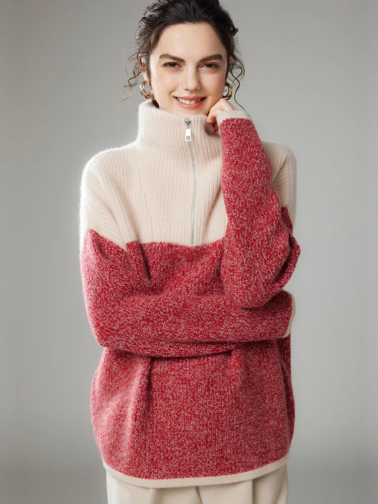 

TLOML Chic Women's 100% Cashmere Sweater Turtleneck Color Blocking Half Zipped Pullover Autumn Winter Soft Thicken Casual Tops