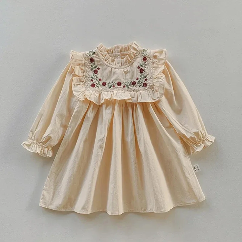 Children'S Autumn Dress 2024 New Girls Dress Casual Kids Clothes Palace Style Retro Embroidery Baby Girl Princess Dress