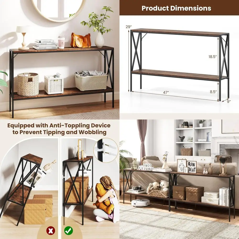 

Industrial Metal Sofa Table with Open Shelf, 47 Rustic Console for Entryway and Living Room