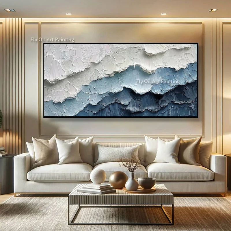 Dark Blue And White Knife Thick Ocean Wave Wall Art Decor For Home Handmade Large Abstract Seascape Oil Painting On Canvas