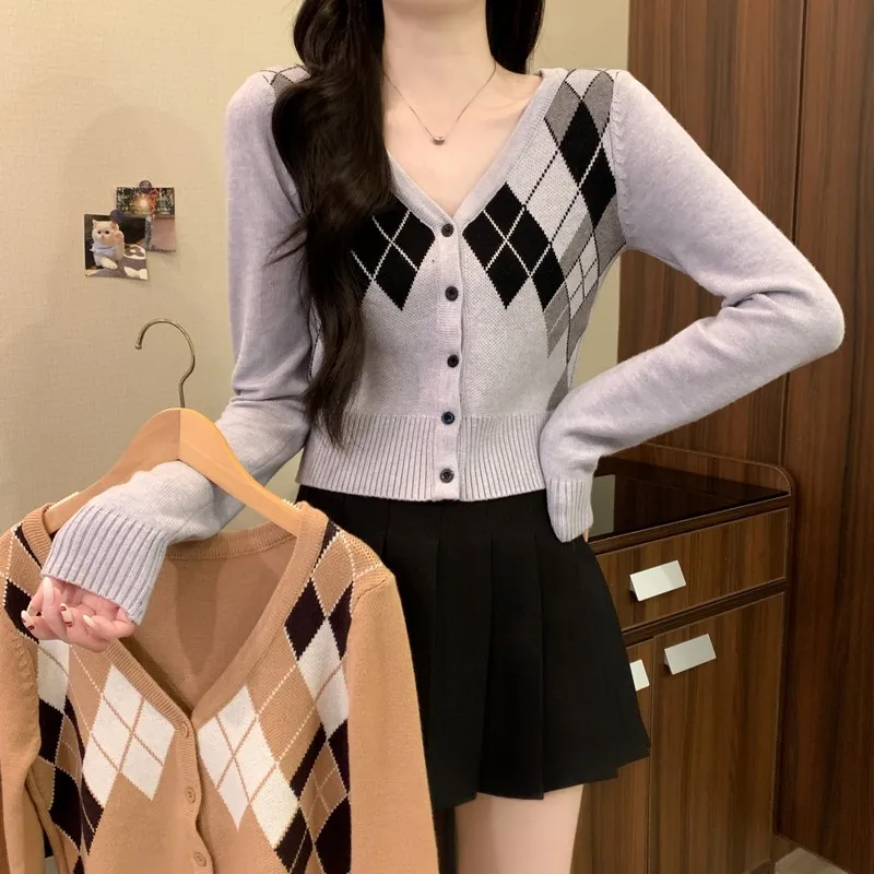 Sle coreano da donna lavorato a maglia con bottoni V-Ne Slim Fit Or Sve Cardigan modello diamante abbigliamento casual autunno inverno nuovo Ar...