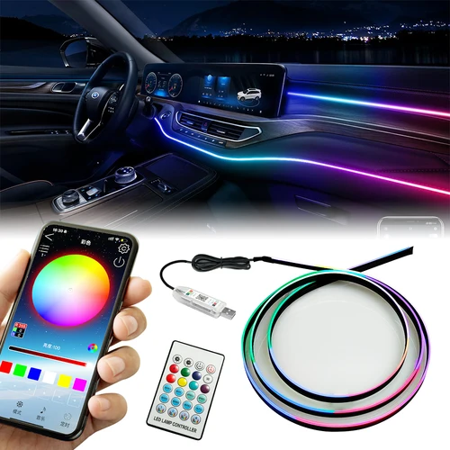 Luz LED ambiental para coche, tiras acrílicas de 64 colores, 110cm, RGB, Interior de coche, aplicación oculta, Control remoto, lámpara de atmósfera