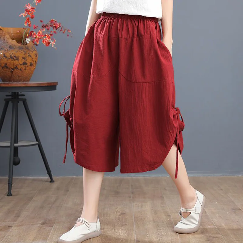 Oversized Women Clothing Office Lady Lacing Solid Color Elastic Waist Calf-Length Pants Ladies Casual Pocket Loose Waist Pants