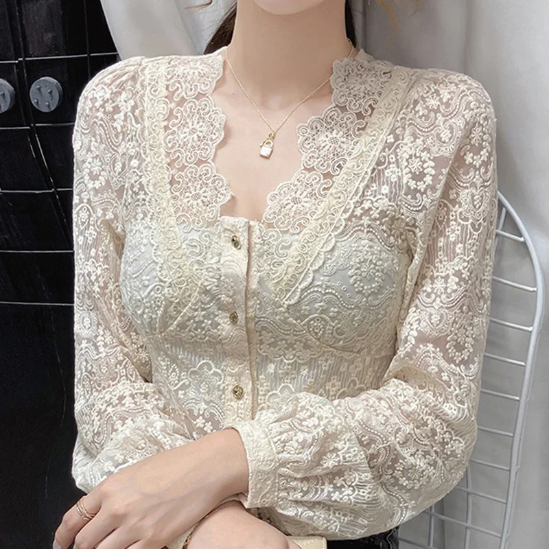 Blusa de manga comprida feminina, damasco oco de renda, roupas femininas, Z159, 2021