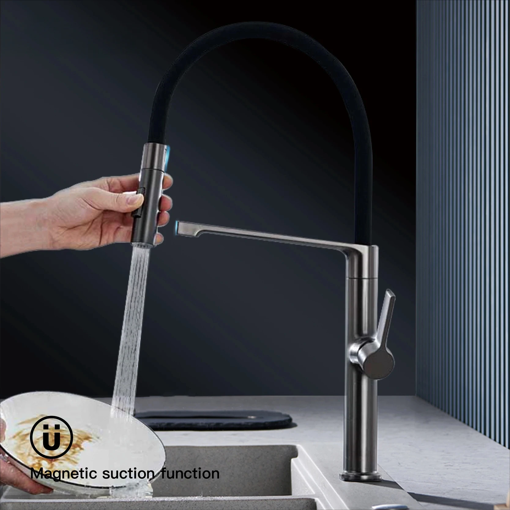 

Luxury gun gray kitchen faucet simple magnetic suction design single hole single handle cold and hot dual control sink faucet