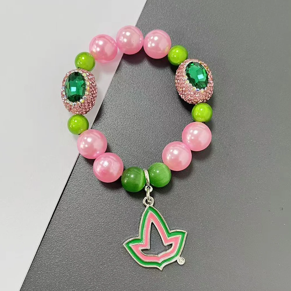 Sorority Organization Greek Letter Logo Ivy Pink And Green Beaded Stretch Bracelet