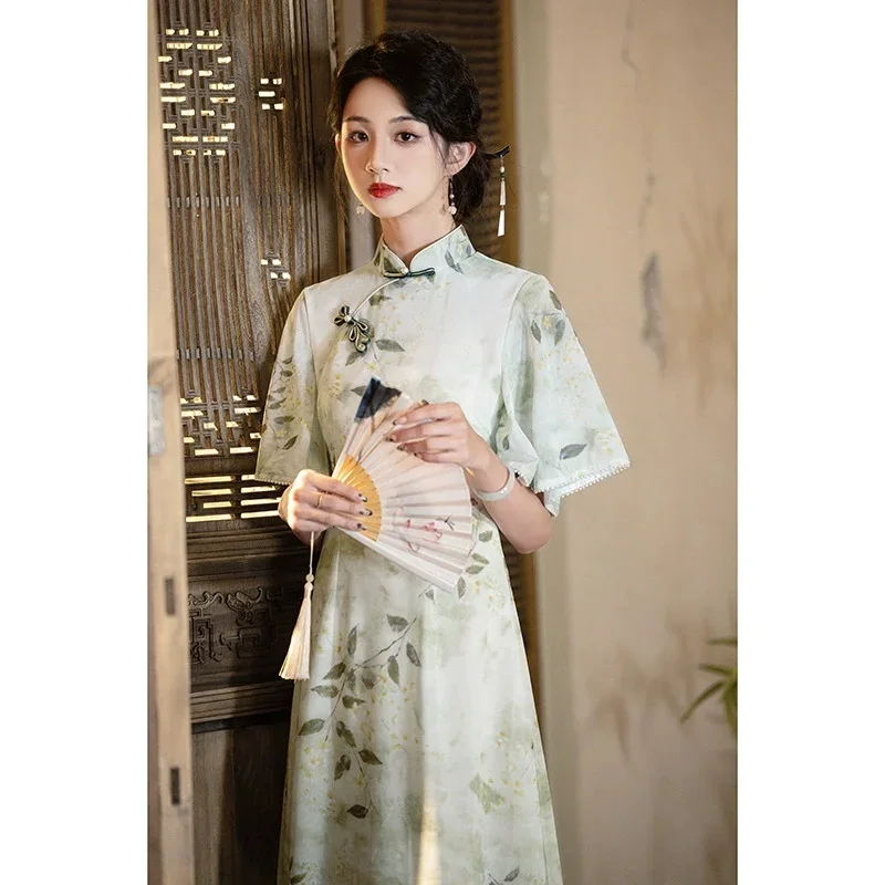 

2025 Spring/Summer New Printed Cheongsam Dress Medium to Long Improved Girls' Aodai Double layered Cheongsam
