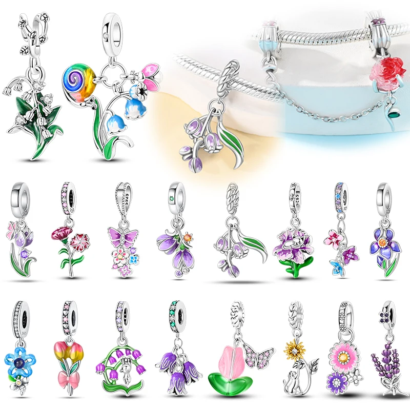 Hot Sales 925 Silver Bouquet Romantic Flower Language Theme Charms Beads Fit Pan Original Bracelets DIY Gifts Fine Jewelry