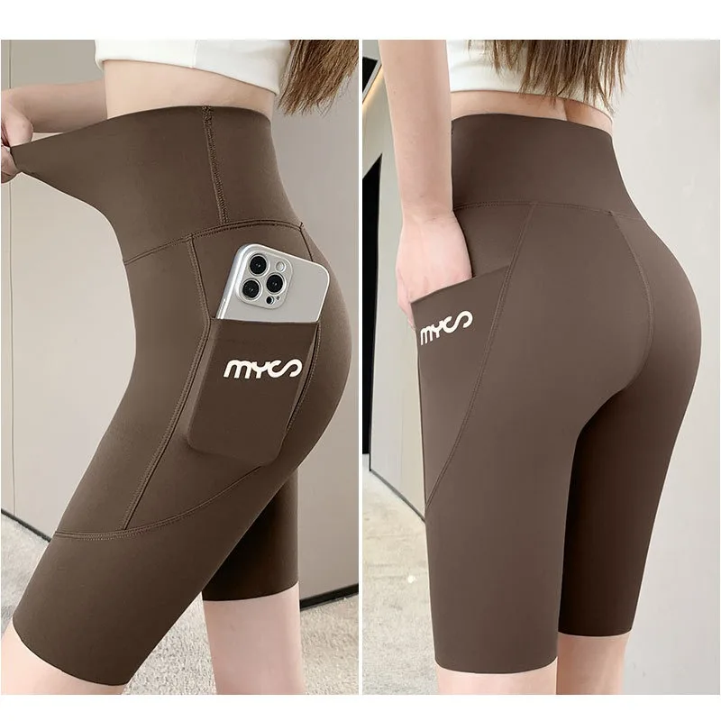 Summer New Side Pocket Shark Shorts Women Biker Shorts High Waist Seamless Sports Running Cycling Shorts Fitness Short Leggings