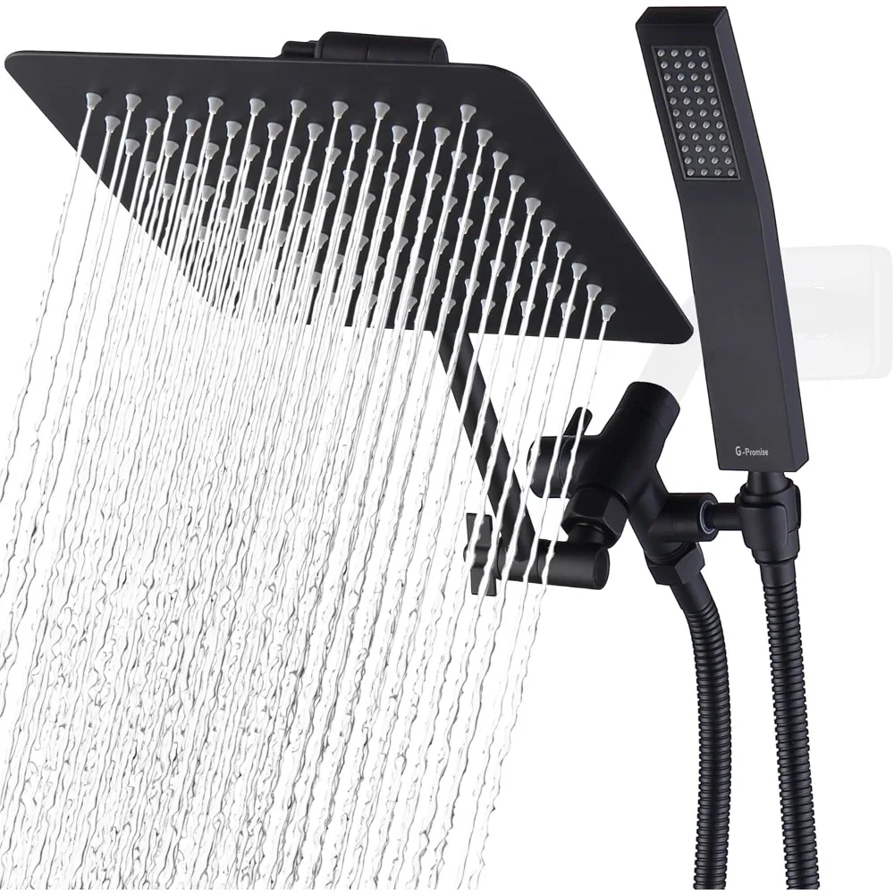 

8 Inch Dual Square Shower Head with Handheld Combo, Adjustable Extension Arm, Smooth 3-Way Diverter, 71 Inch Extra Long Hose