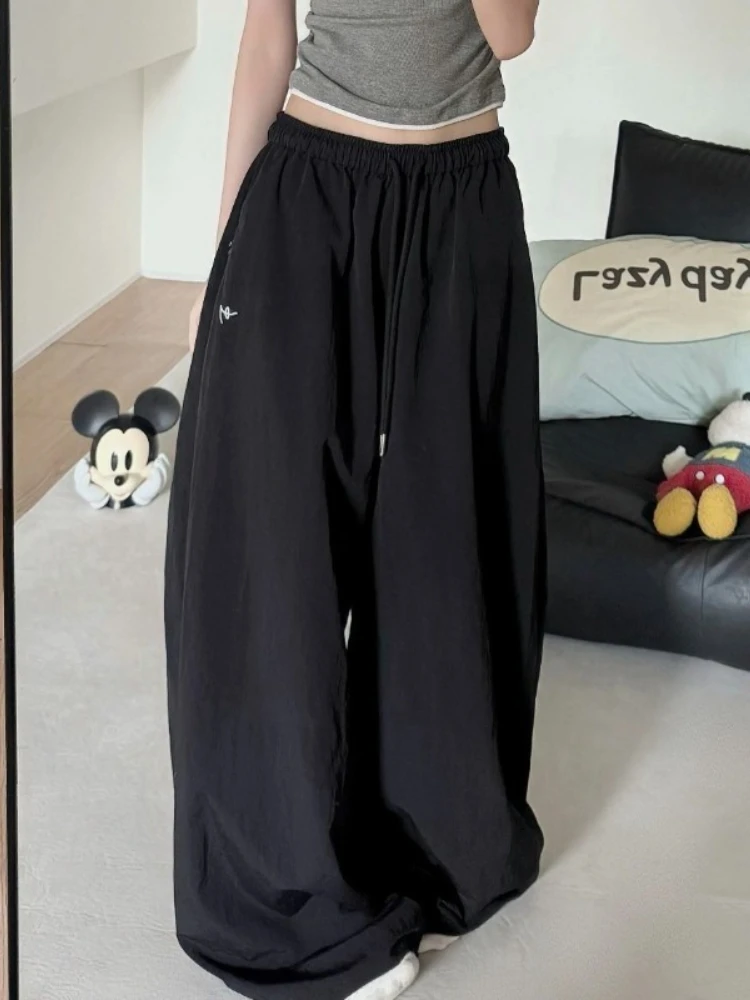 HOUZHOU White Oversized Women Pants Casual Embroidery Baggy Trousers Korean Style Basic Black Wide Leg Parachute Pants Joggers