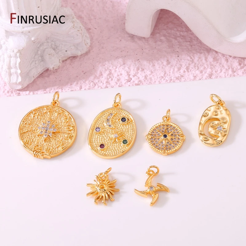 14K Gold Plated Brass Inlaid Zircon Trendy Sun Star Moon Celestial Compass Charms For Jewelry Necklace Bracelet Making Supplies