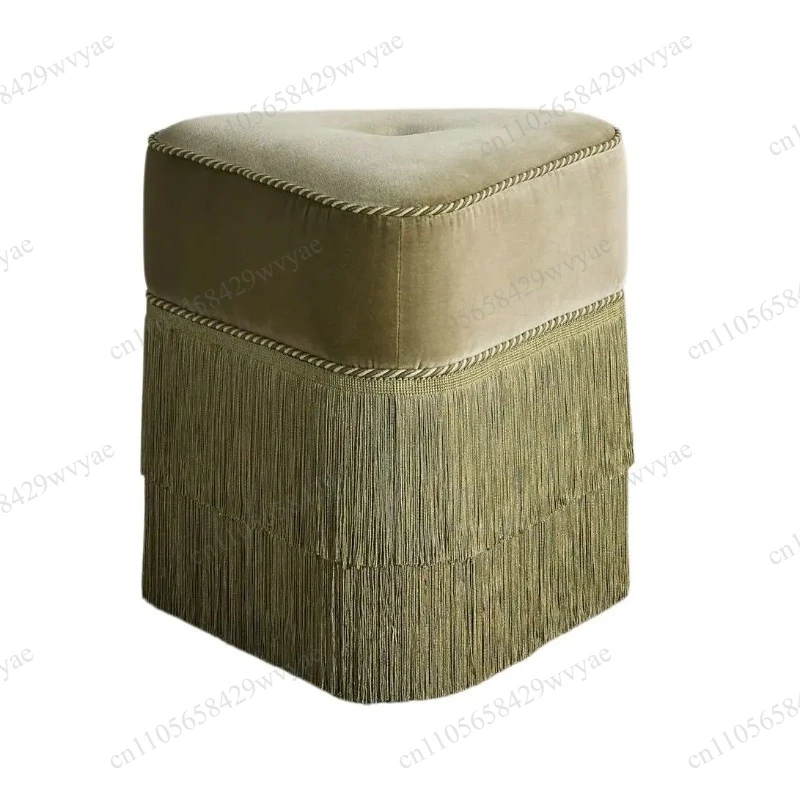 Vintage Velvet Triangular Ottoman Pouf, Tassel Fringe Decoration, Multi‑Purpose Stool for Living Room Bedroom Makeup Bathroom
