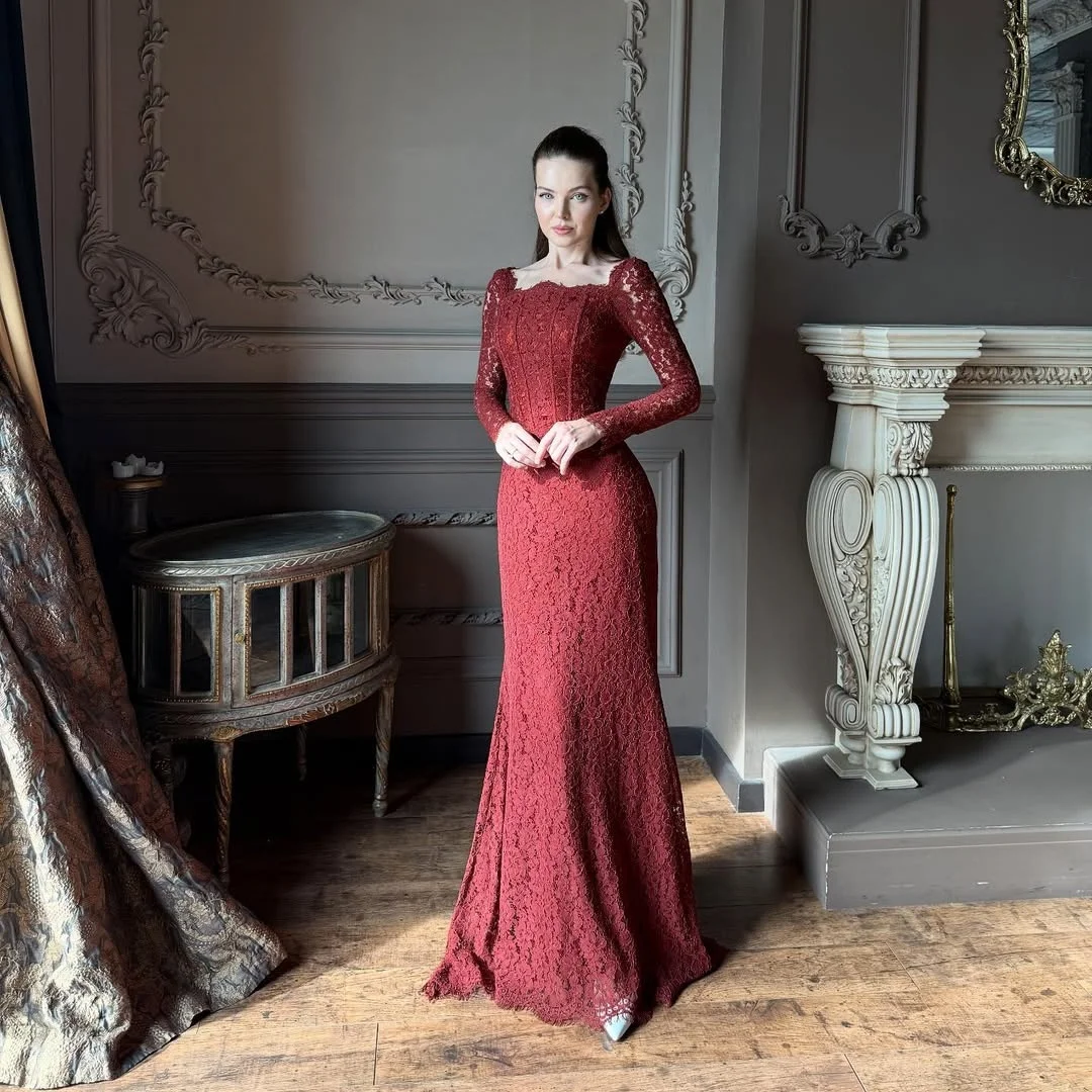 

New Design Sexy Square Neck Illusion Embroidery Full Sleeves Fishbone Slim Elegant Mermaid Evening Prom Formal Party Dress