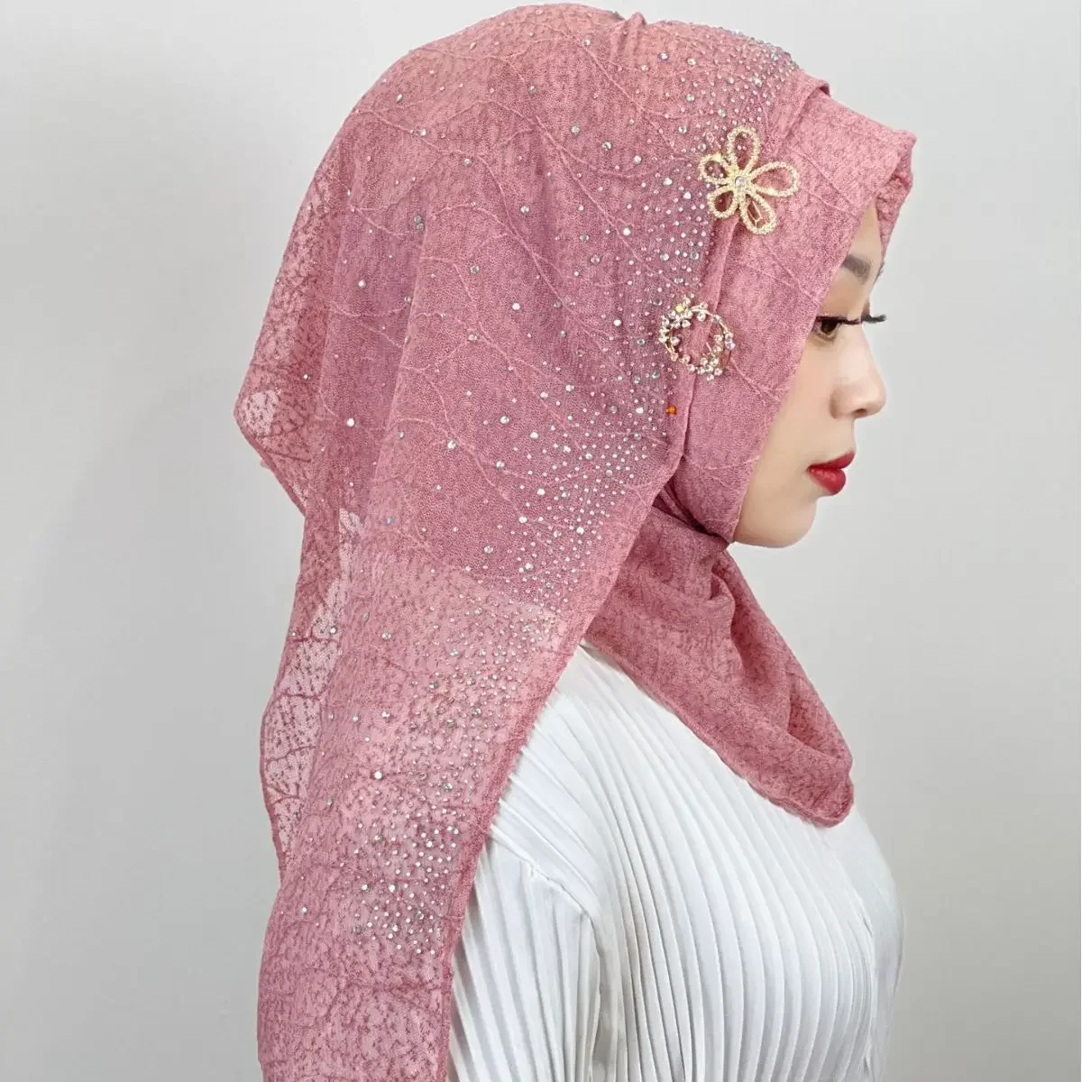 Neue malaiische Ärmel Kopftuch Gitter strukturierte Frauen Kopftuch helle Diamant Wrap Schal Pailletten Turban Hijab lang